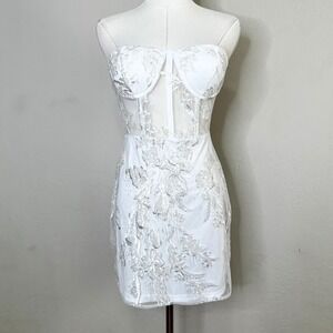 Lulus Unreal Date White Corset Sequin Lace Strapless Mini Dress Size Small‎